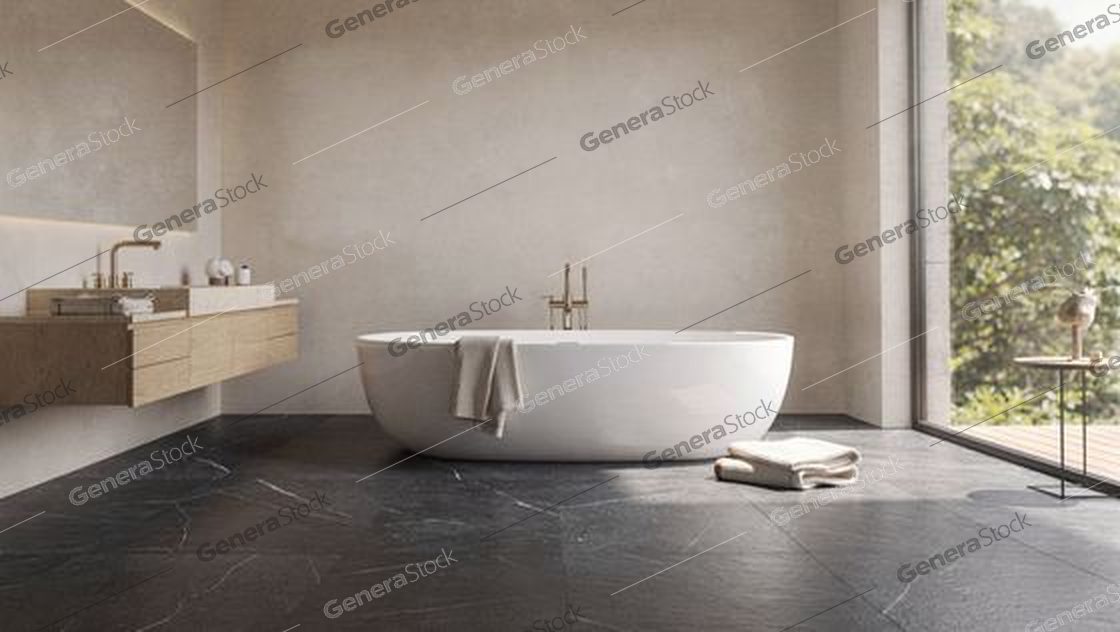 freestanding tub, slate floor, brass fittings, floor to ceiling window