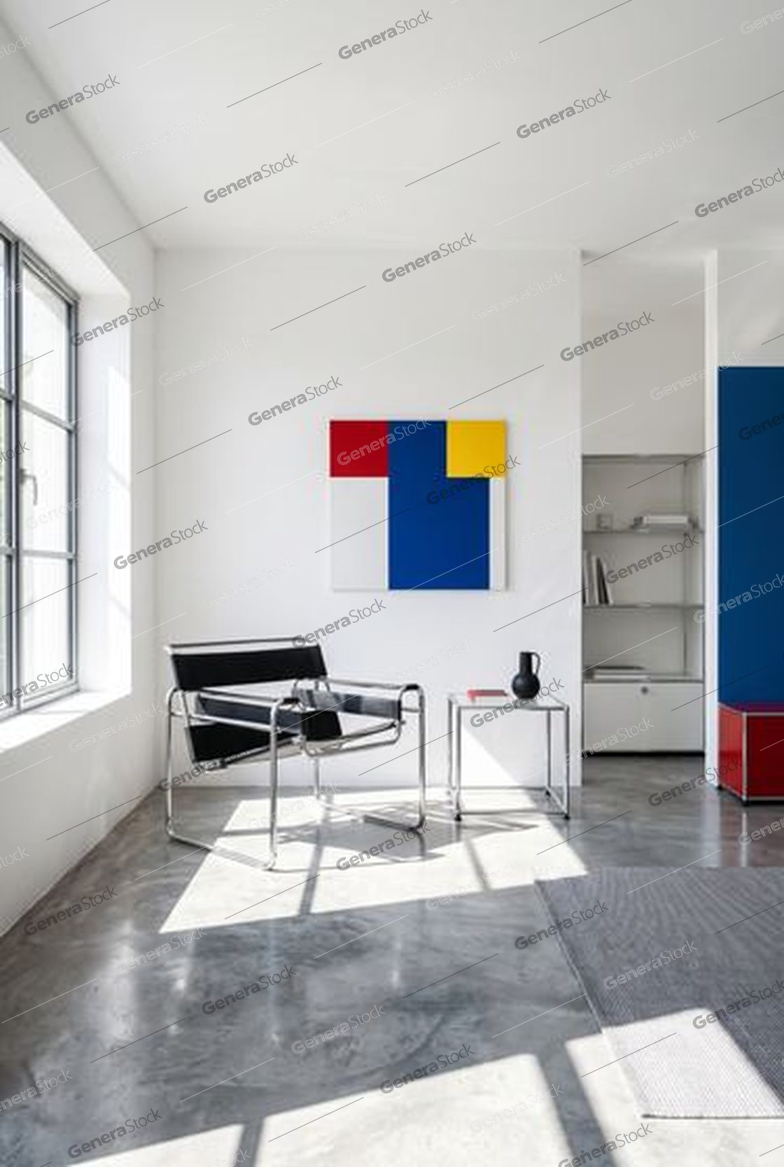 tubular steel chair, primary colour canvas, polished concrete, hard sun