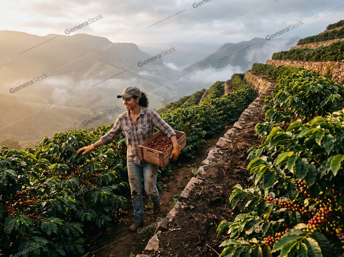 woman carrying a crate of coffee cherries, terraced mountain farm, mist