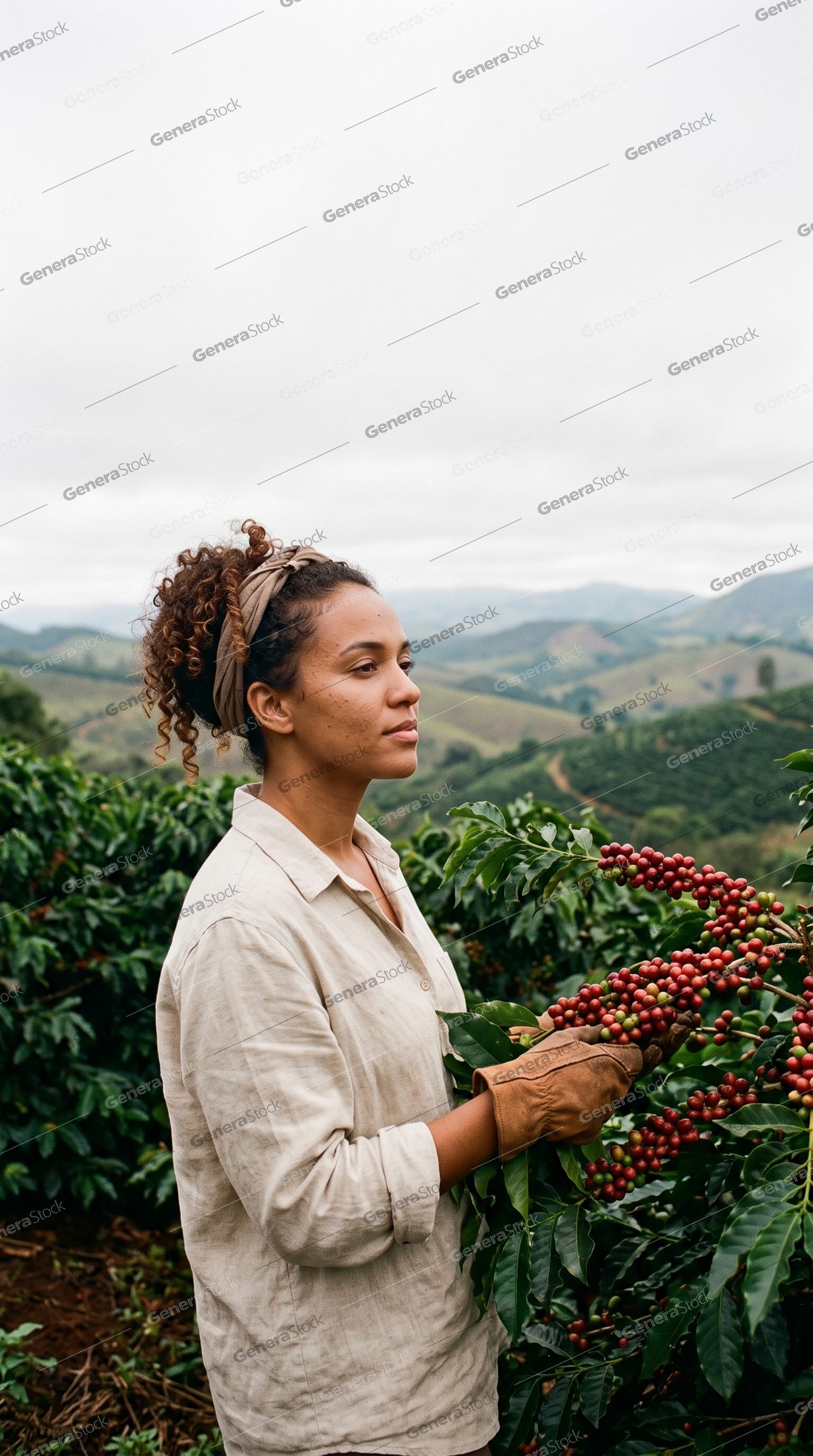 woman in a linen shirt beside a coffee branch, rolling green hills