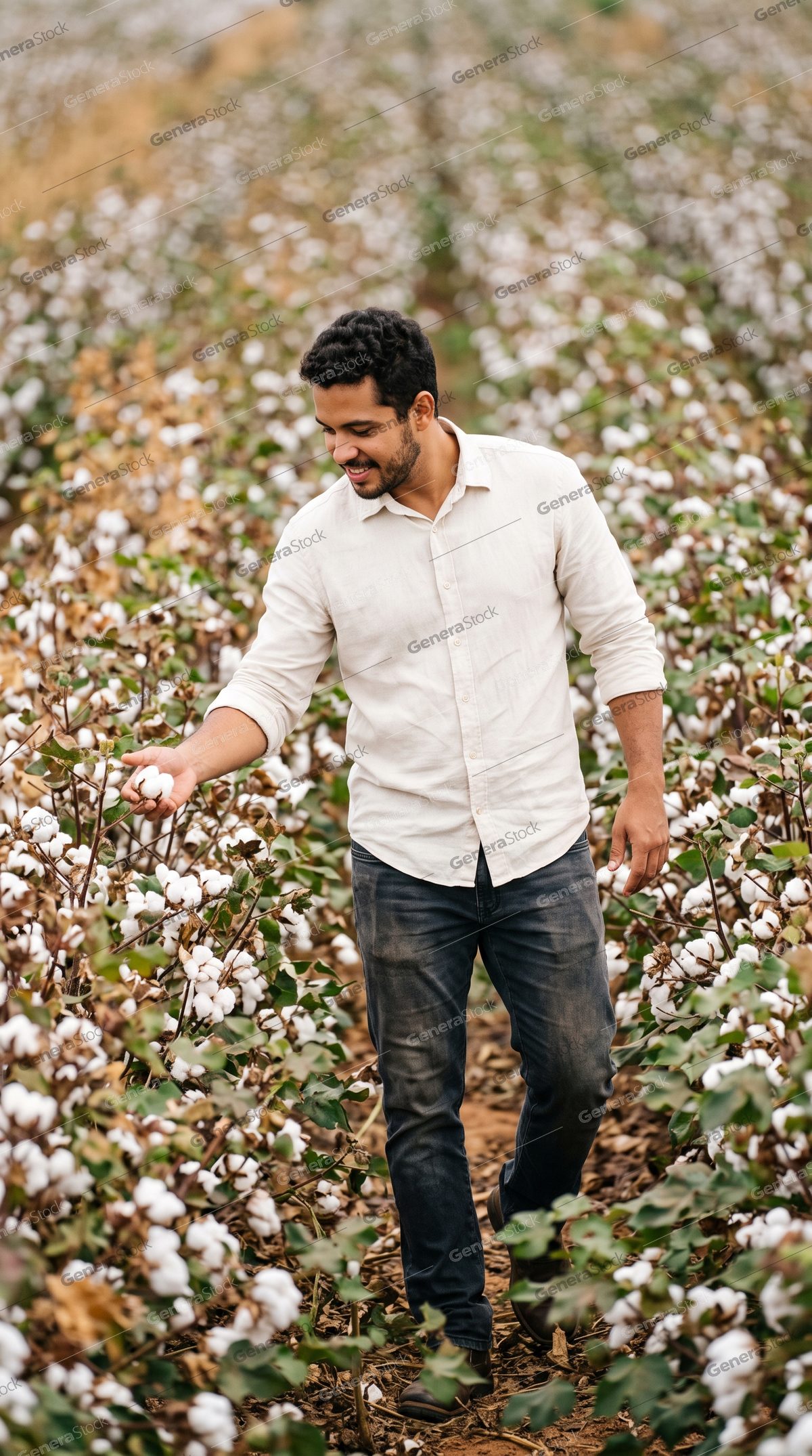 man inspecting a cotton boll, rows of white bolls, soft overcast