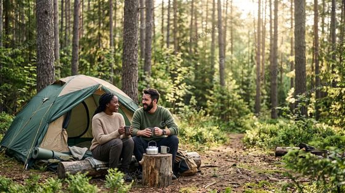 couple with enamel mugs beside a tent, pine forest, morning backlight