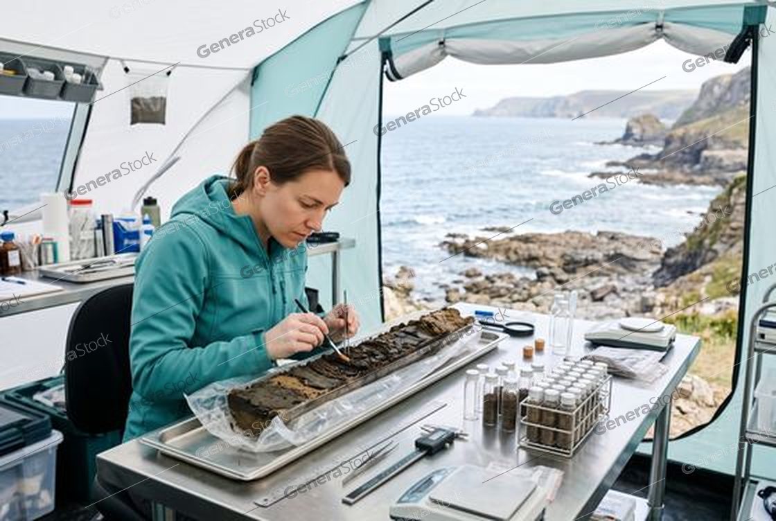researcher brushing a core sample, field tent, sea cliffs behind