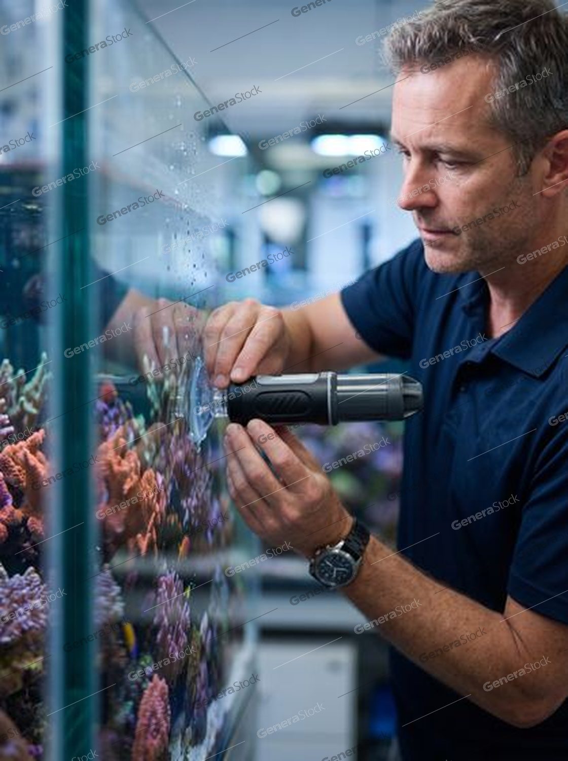 marine biologist with a sensor at a reef aquarium, lab corridor