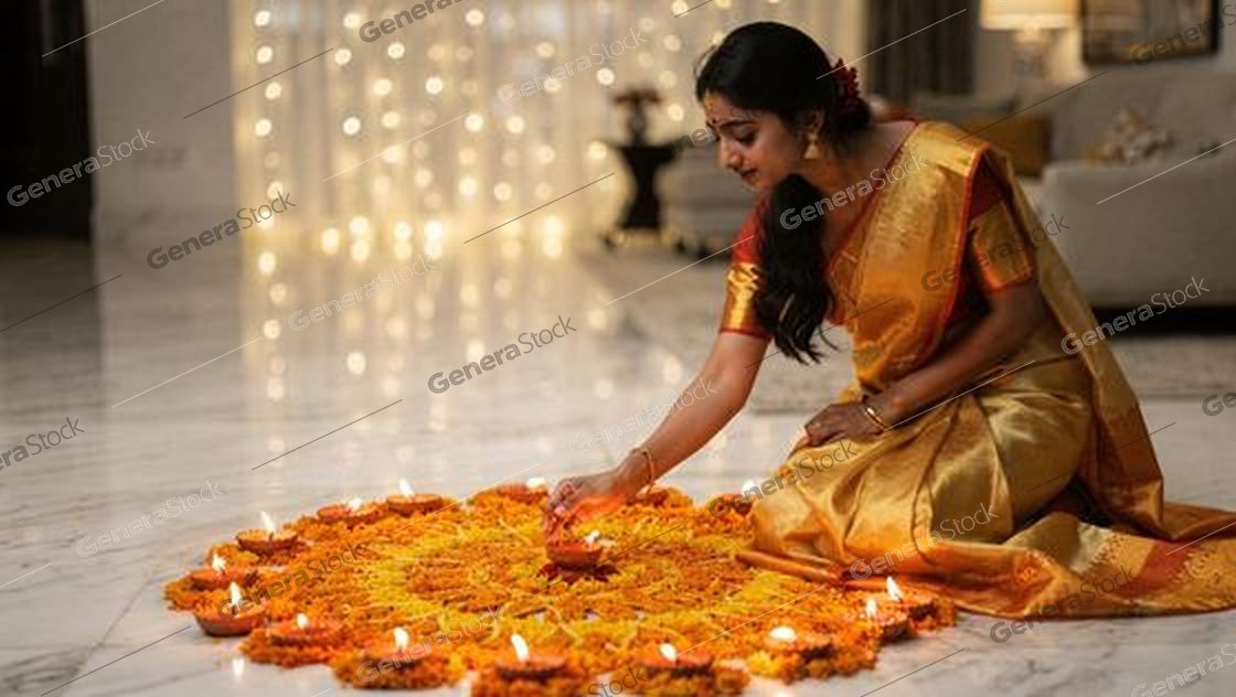 woman in gold sari lighting diyas on a marigold rangoli, marble floor