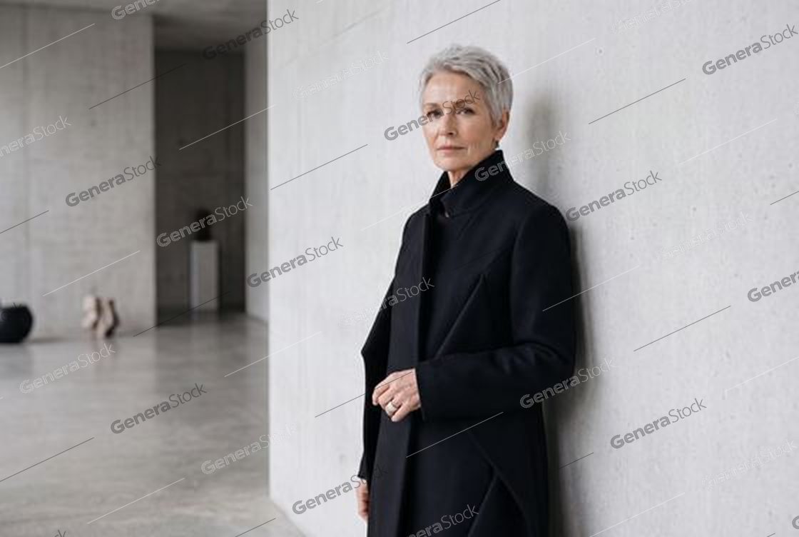 senior woman, black wool coat, minimalist concrete gallery, natural light
