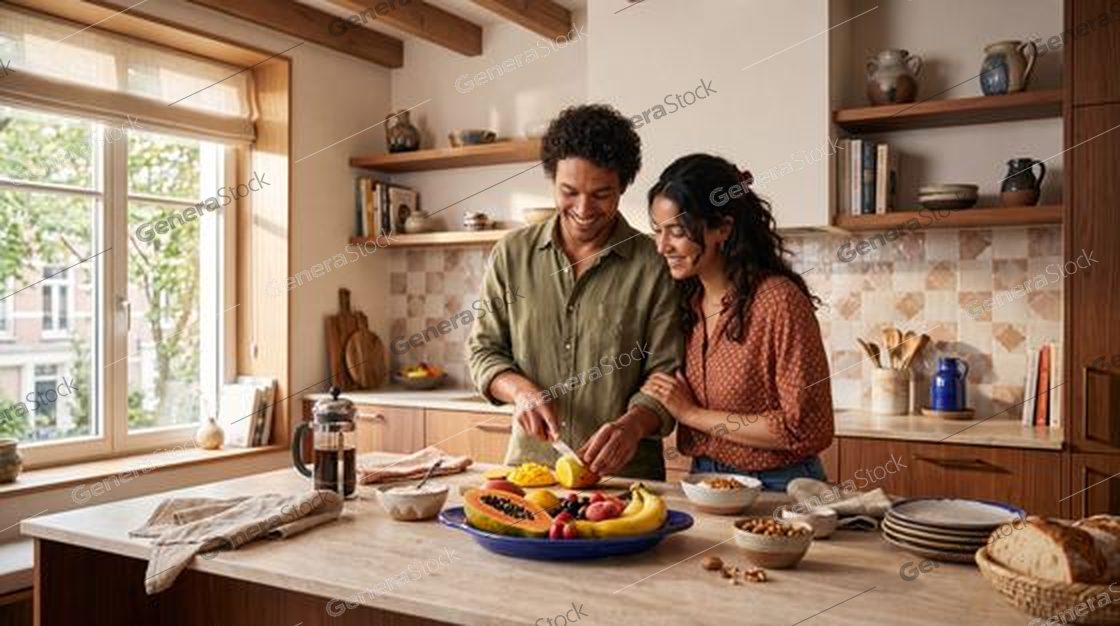 couple slicing tropical fruit, sunlit kitchen, warm wood, candid