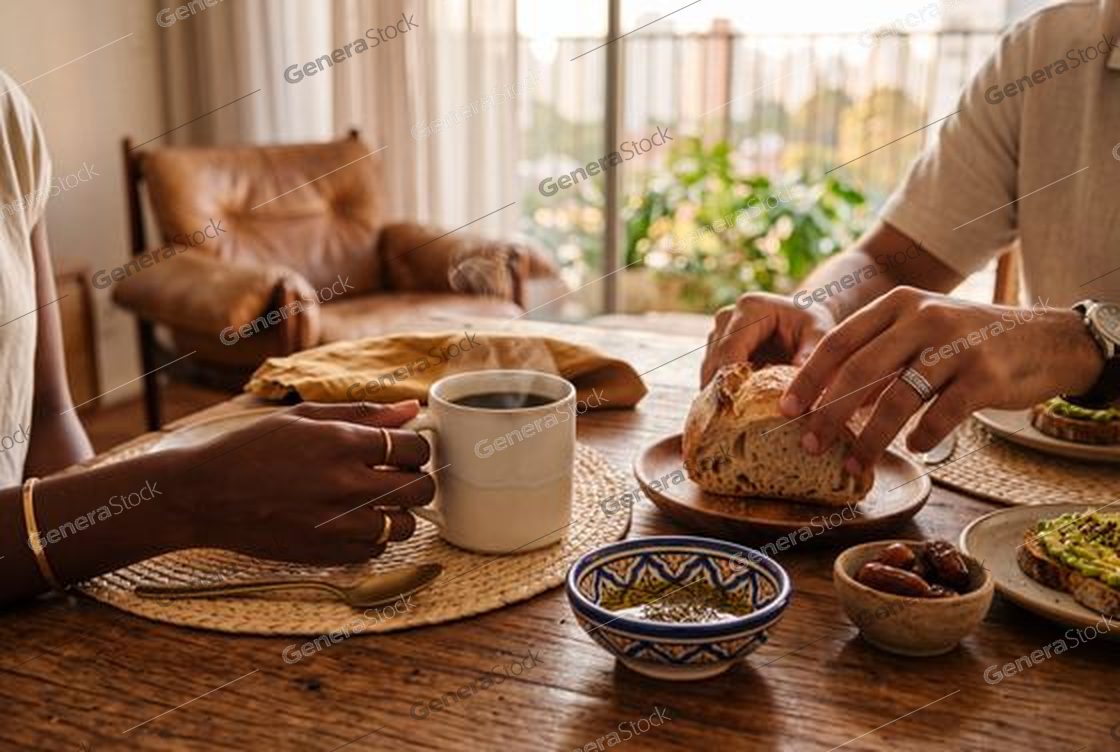 hands reaching for sourdough, morning coffee, wooden table, backlight
