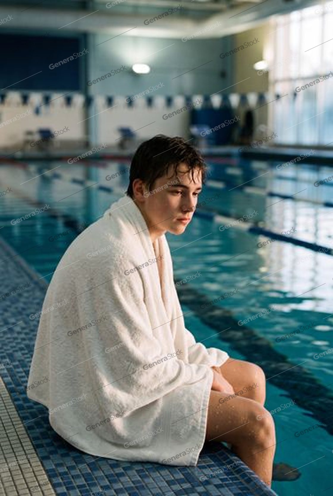 young swimmer wrapped in a towel, indoor lap pool, quiet moment