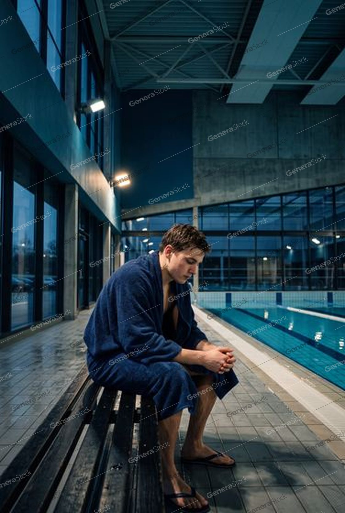 swimmer in a robe on a bench, indoor pool at night, cool tones