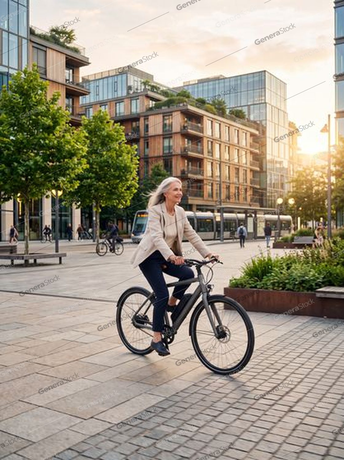 woman cycling across a city square, tram, golden hour backlight