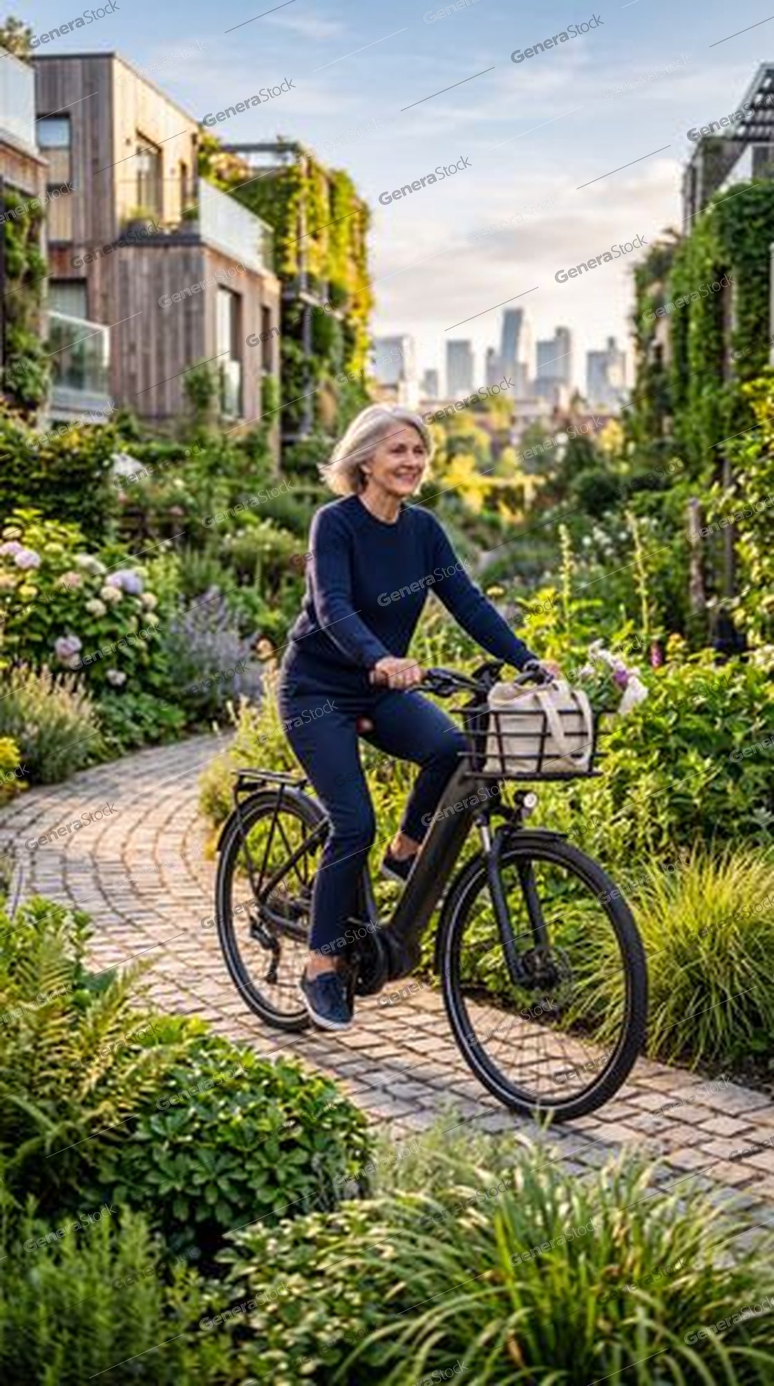 woman riding e-bike, cobbled garden path, green facades, city skyline