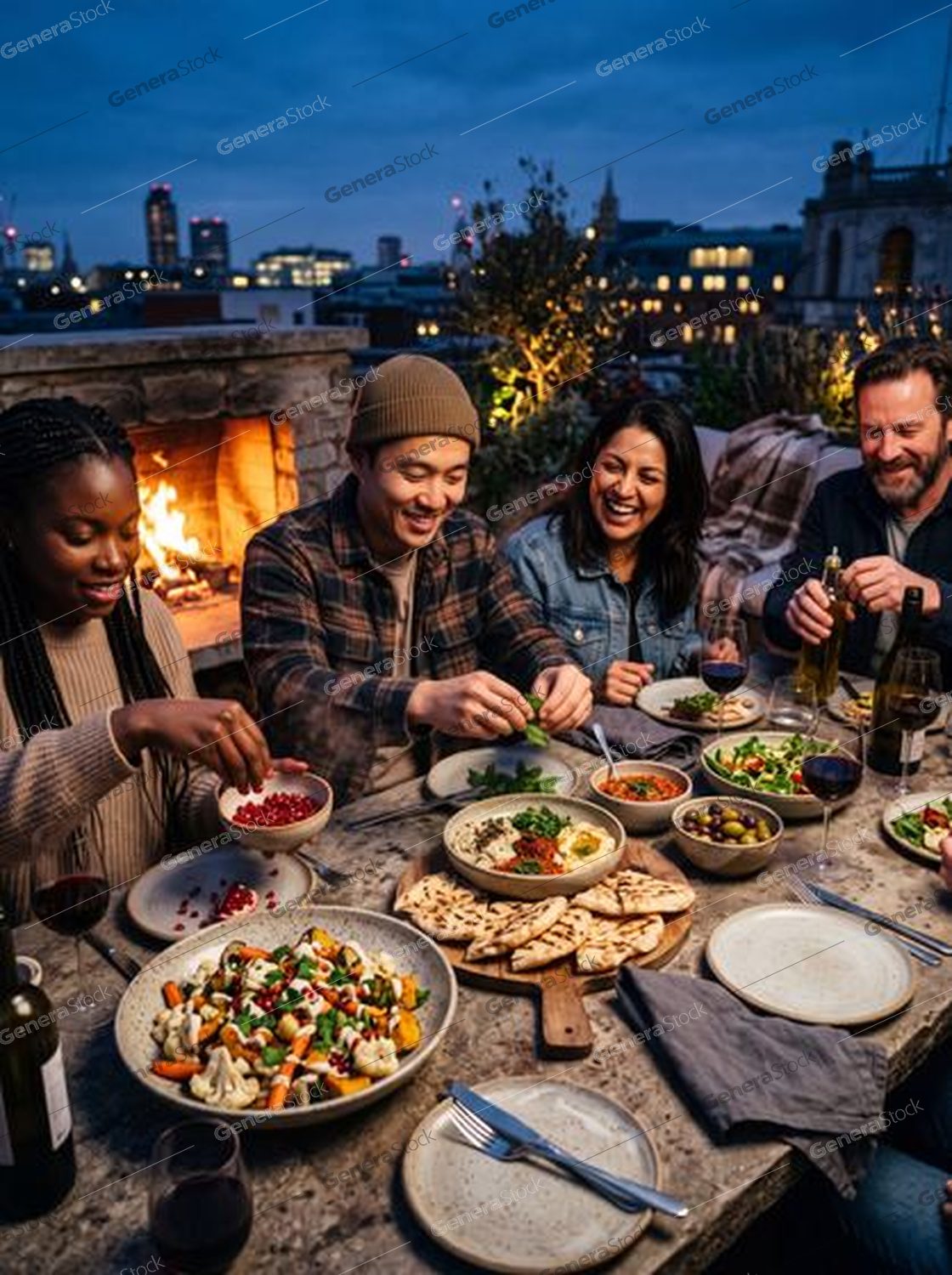 friends sharing mezze, rooftop terrace, open fire, blue hour city