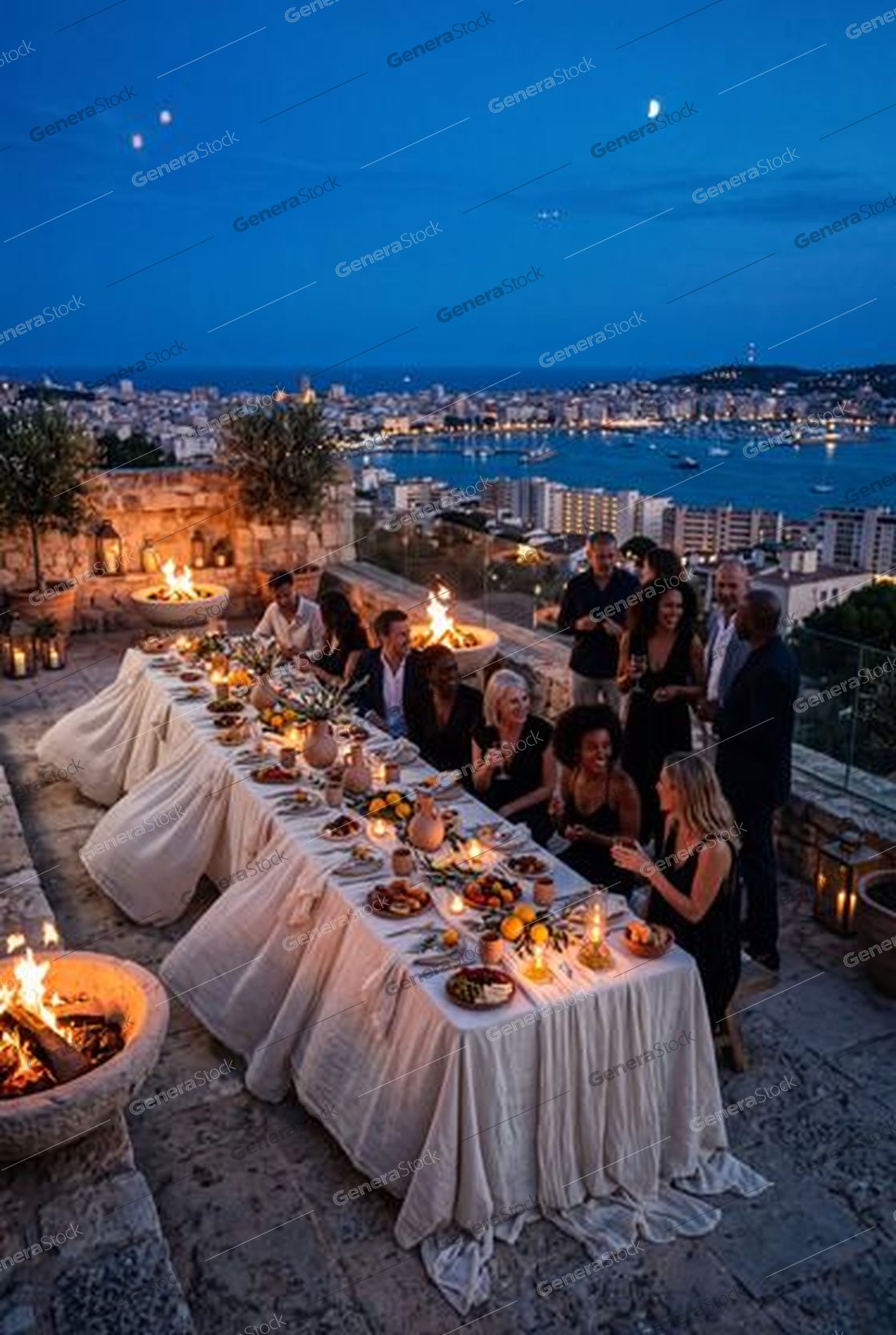 outdoor banquet, linen table, harbour lights, dusk