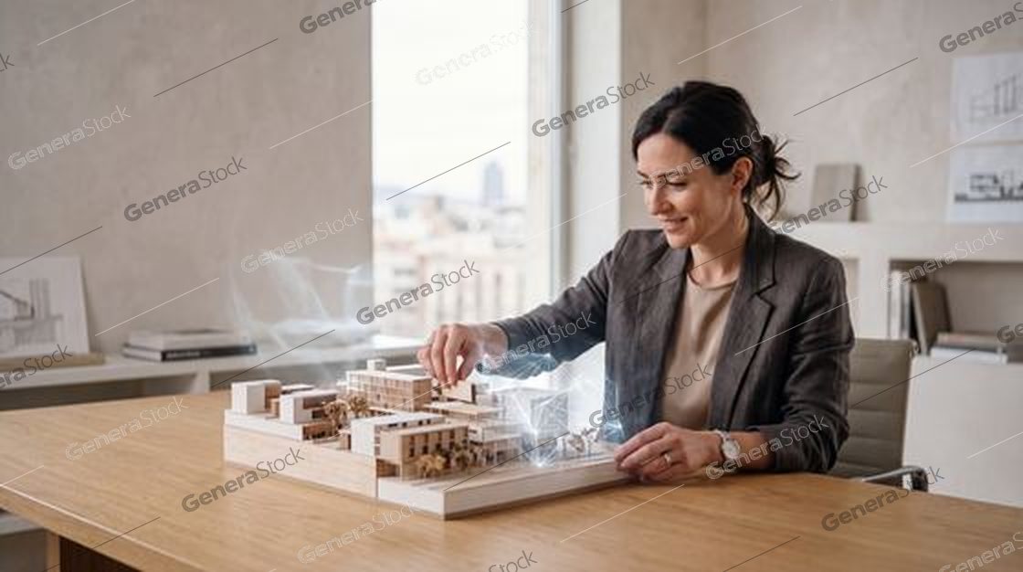 architect studying an architectural model, data overlay, bright studio