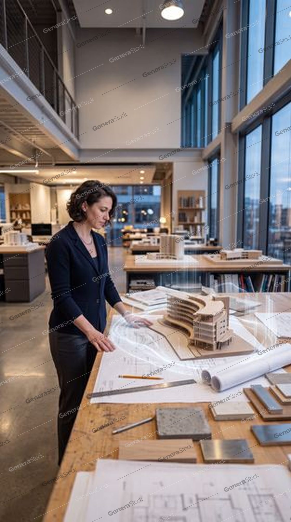 architect reviewing model and blueprints, open plan studio, evening