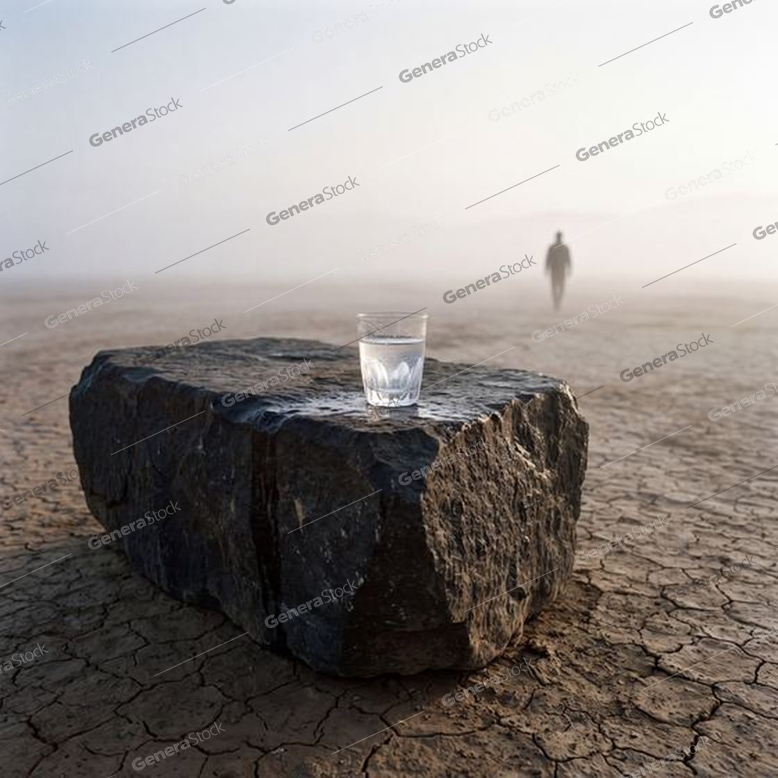 glass of water on dark stone, cracked earth, distant figure, haze