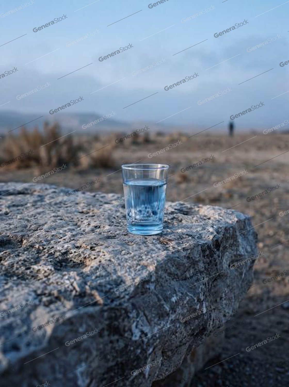 glass of water on limestone, arid landscape, blue hour, shallow focus