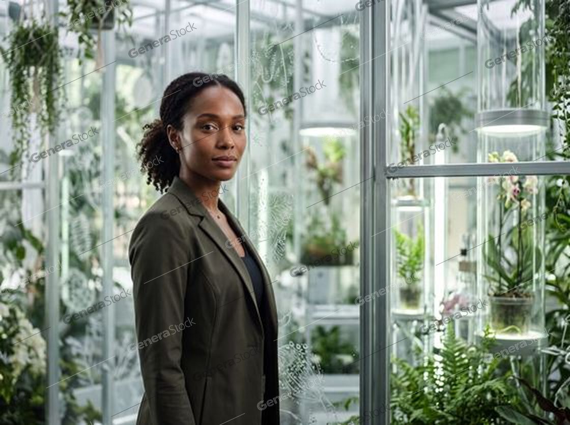 researcher in a modern greenhouse, orchids, glass cases, soft light
