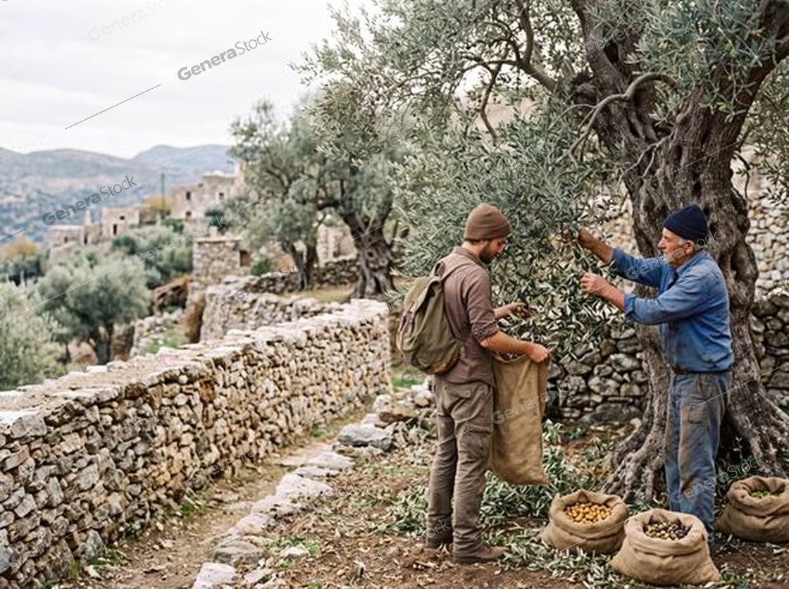 two men harvesting olives, dry stone walls, Mediterranean hillside