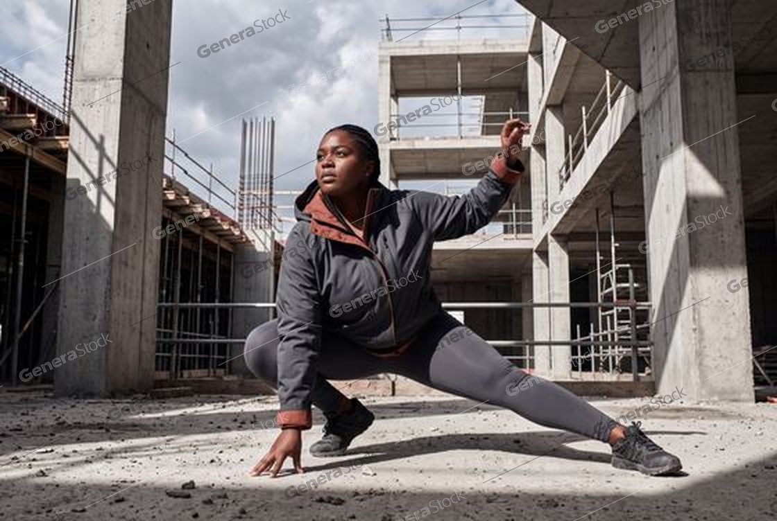 athlete stretching, concrete structure, overcast sky, low angle