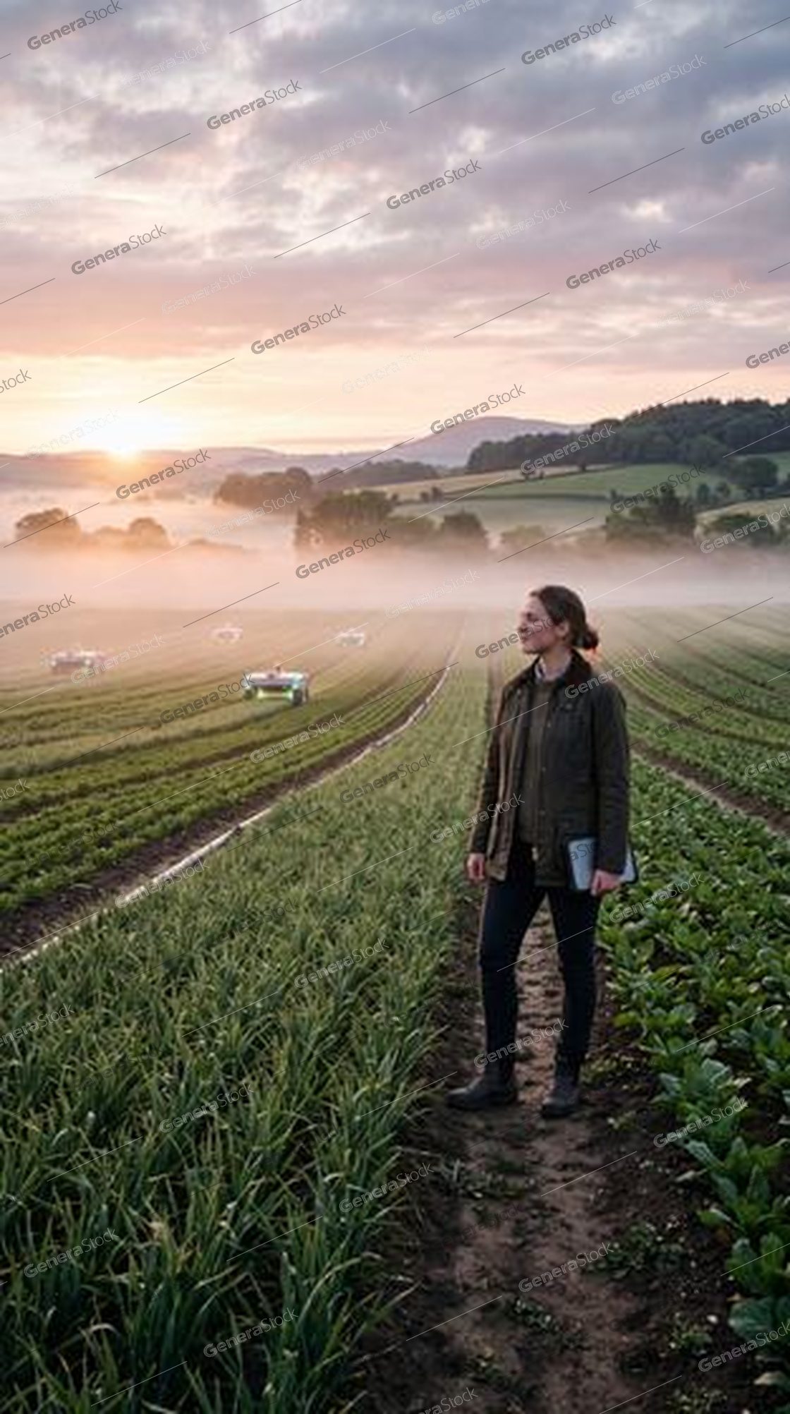 woman in crop field at dawn, autonomous farm robots, low mist