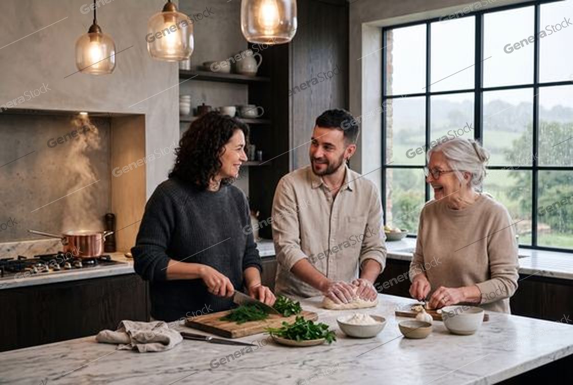 three generations cooking, marble island, rain outside, warm pendants