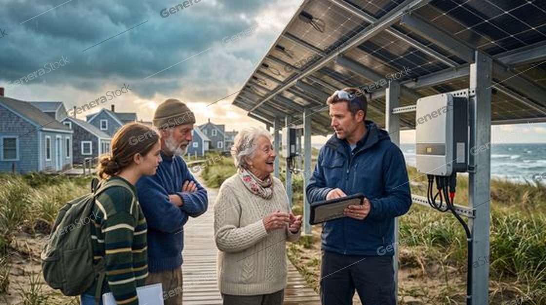 engineer explaining solar array to residents, coastal village, storm sky