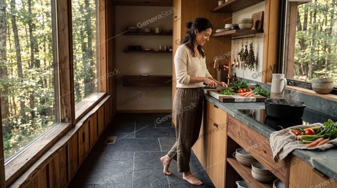 woman preparing vegetables, cabin kitchen, floor to ceiling forest view