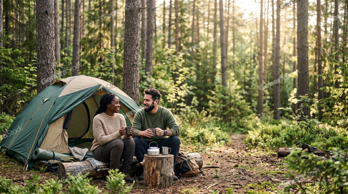 A happy diverse couple enjoys a morning coffee while sitting out