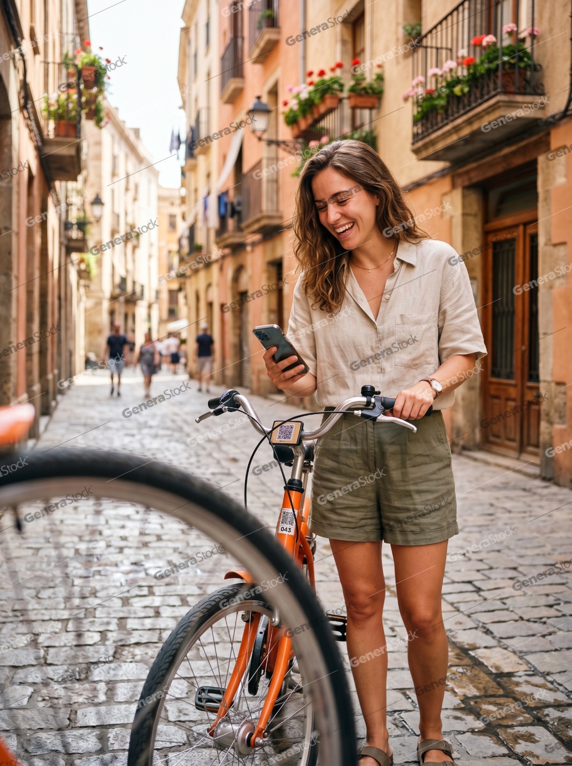 Happy young woman using smartphone to unlock rental bike on a cobblestone city street