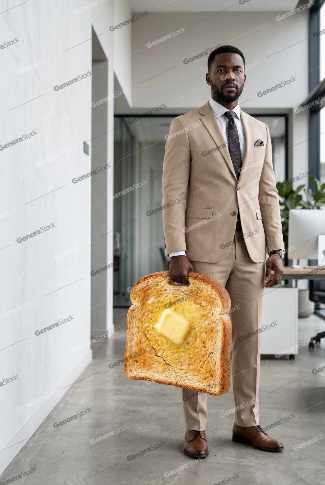 Surreal concept of a businessman in a tan suit holding a giant slice of buttered toast like a briefcase in a modern office