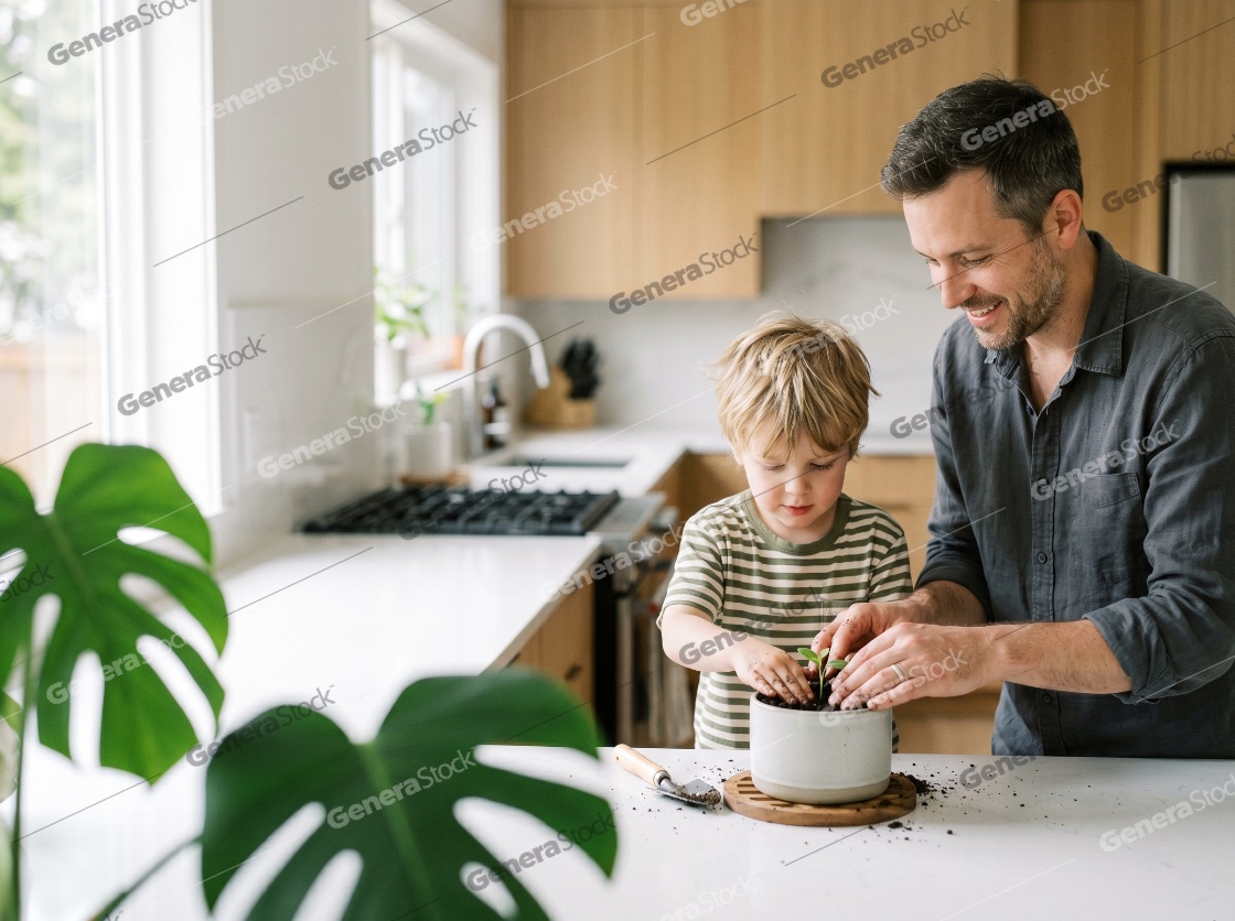 Happy father and young son planting a green seedling together in a ceramic pot on a bright kitchen counter