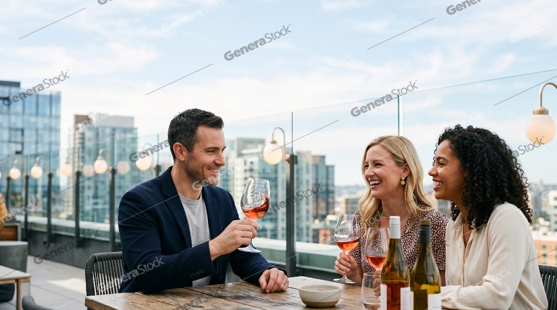 Happy friends enjoying drinks and conversation at a rooftop bar with a city view