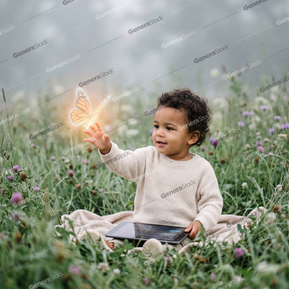 Young child sitting in a meadow reaching for a magical glowing butterfly while using a tablet