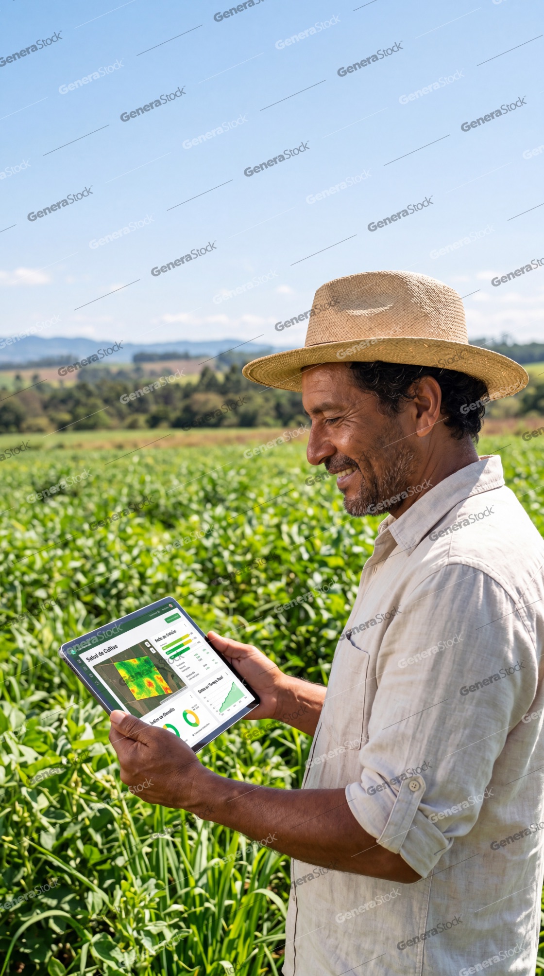 Modern Farmer Using Digital Tablet for Precision Agriculture in a Green Field