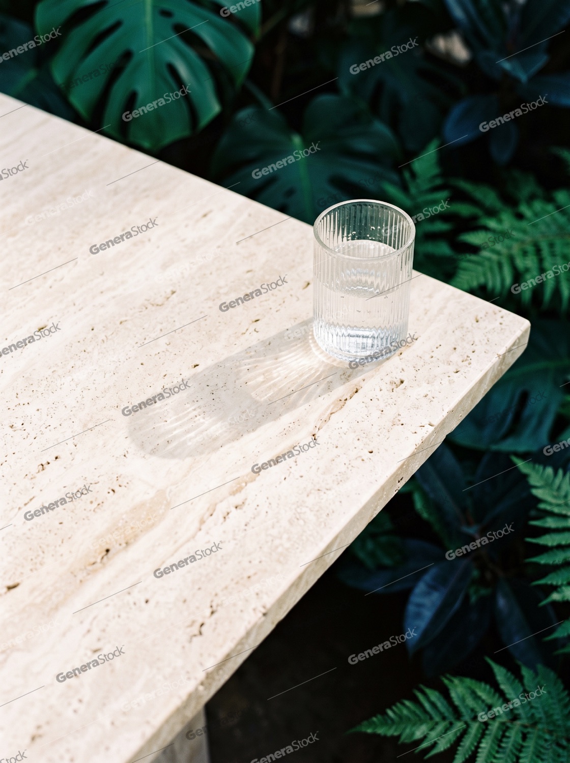 Glass of pure water on a beige travertine table with beautiful s