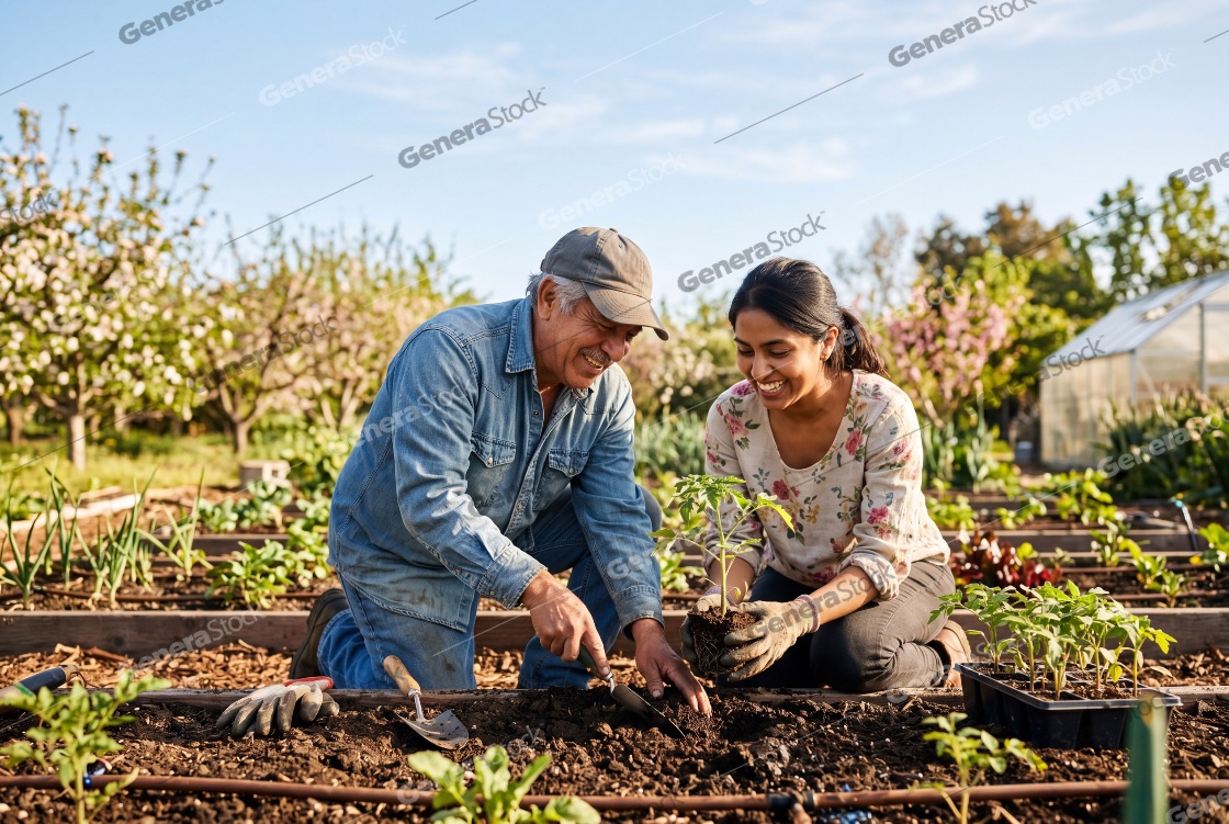Happy Multi-generational Family Planting a Seedling in a Sunny Vegetable Garden
