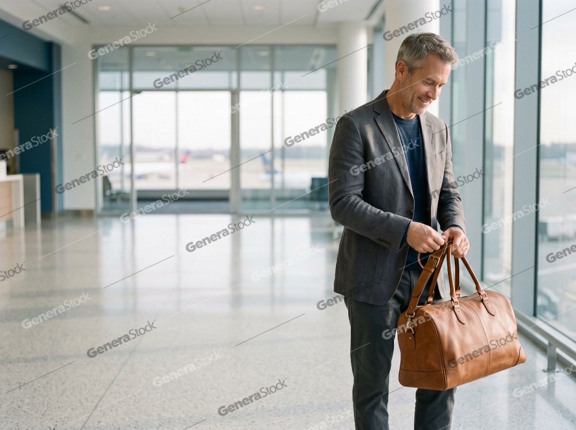 Smiling middle-aged businessman in a grey blazer holding a brown leather duffel bag while waiting in a modern airport terminal