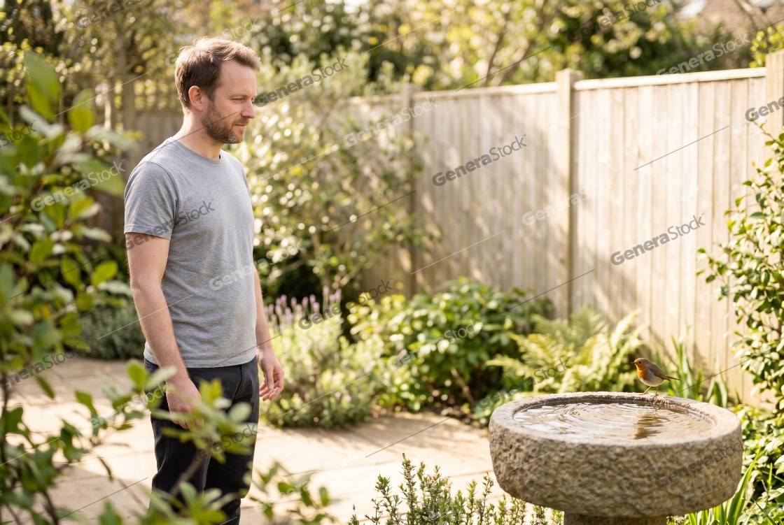 Man in a grey t-shirt observing a European robin perched on a stone birdbath in a sunny backyard garden