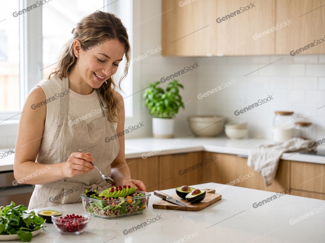 Smiling woman in apron preparing a healthy salad with avocado and pomegranate seeds in a modern kitchen