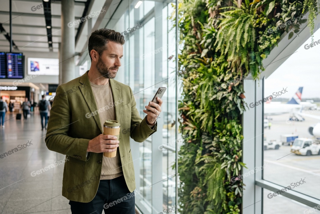 A professional man in a green blazer uses his smartphone while holding a coffee cup in a modern airport terminal with a vertical garden