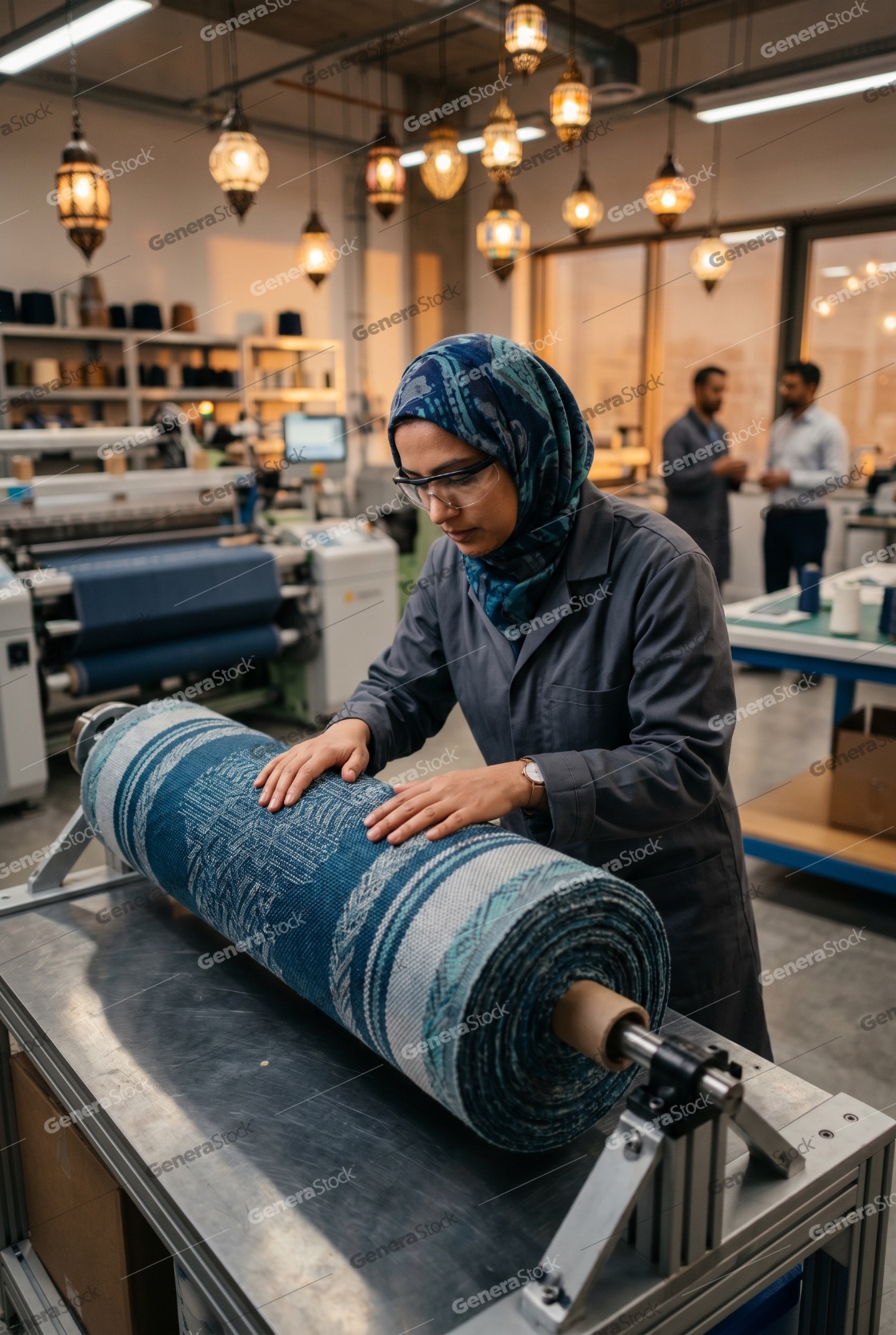 Professional Muslim Female Engineer in Hijab Inspecting Blue Patterned Fabric in a Modern Textile Factory