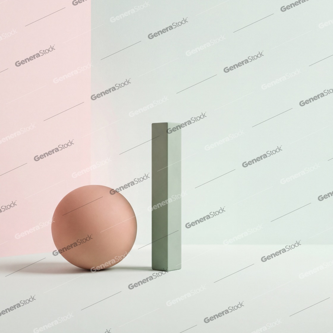 Minimalist geometric composition featuring a pink sphere and a green rectangular column on a pastel background
