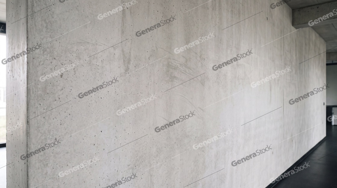 Modern industrial interior featuring a large grey raw concrete wall with textured surface in a minimalist architectural space
