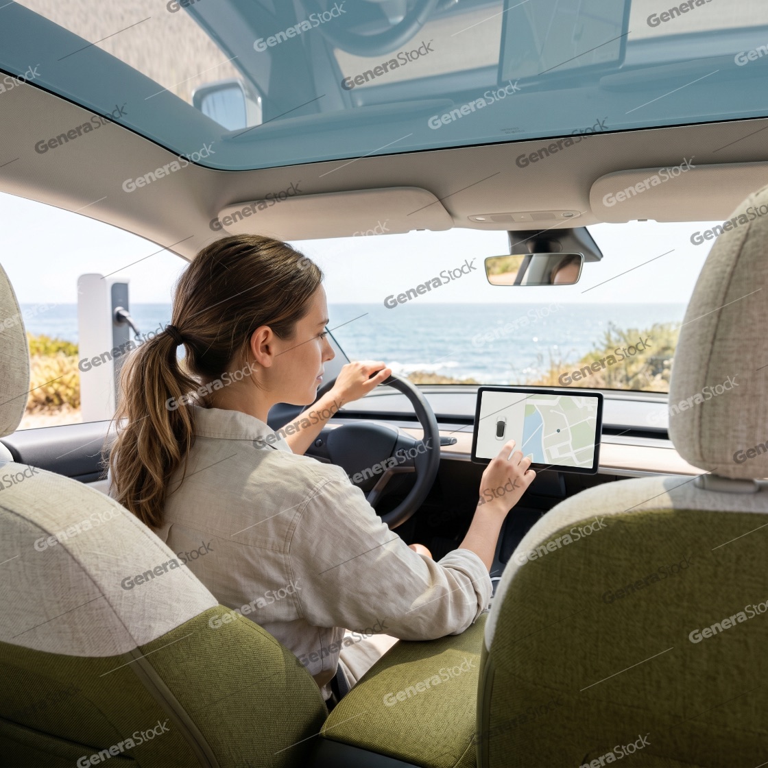 Young woman using a navigation system on a touchscreen inside an electric car parked by the sea near a charging station