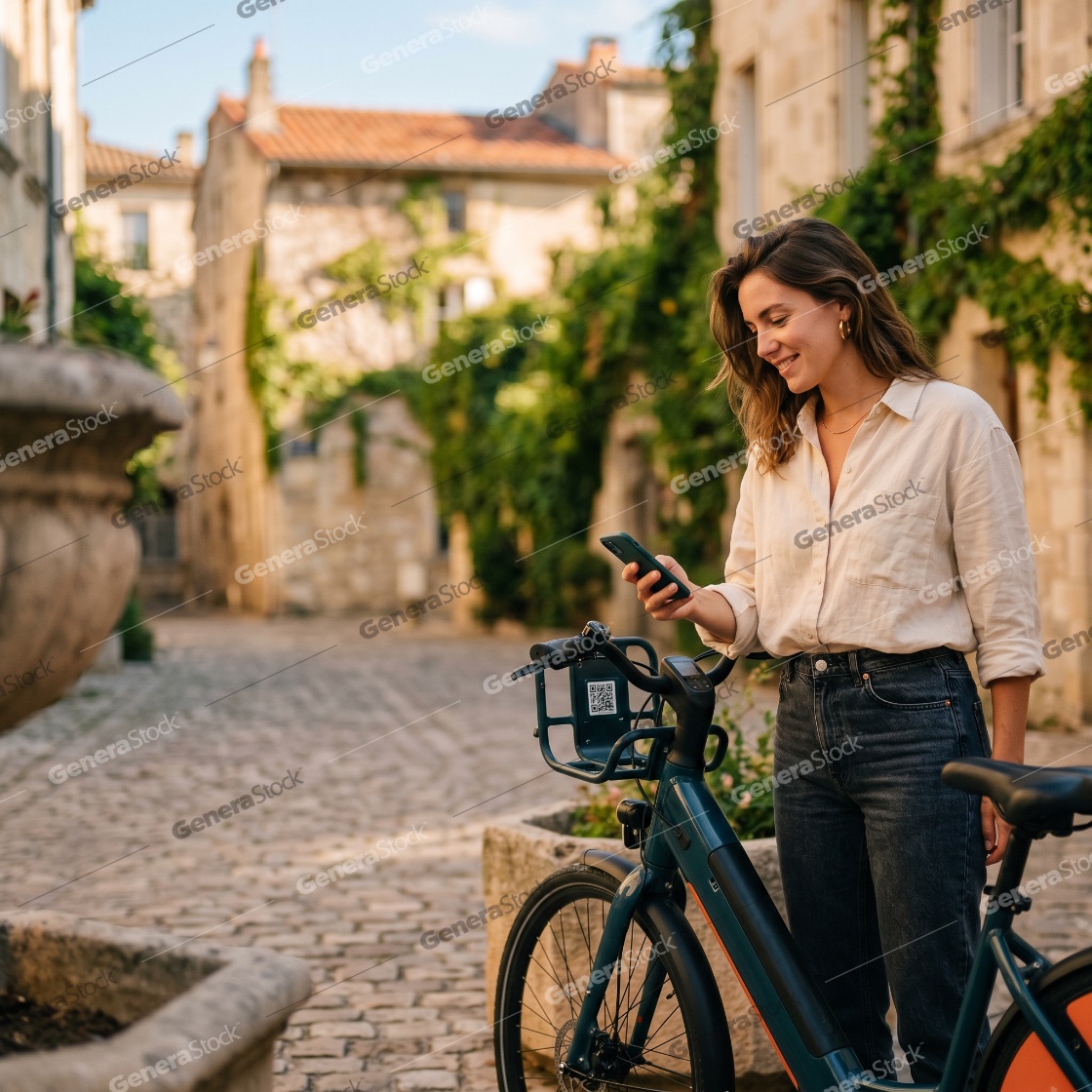 Young woman using a smartphone to unlock an electric rental bike on a cobblestone street in a European town