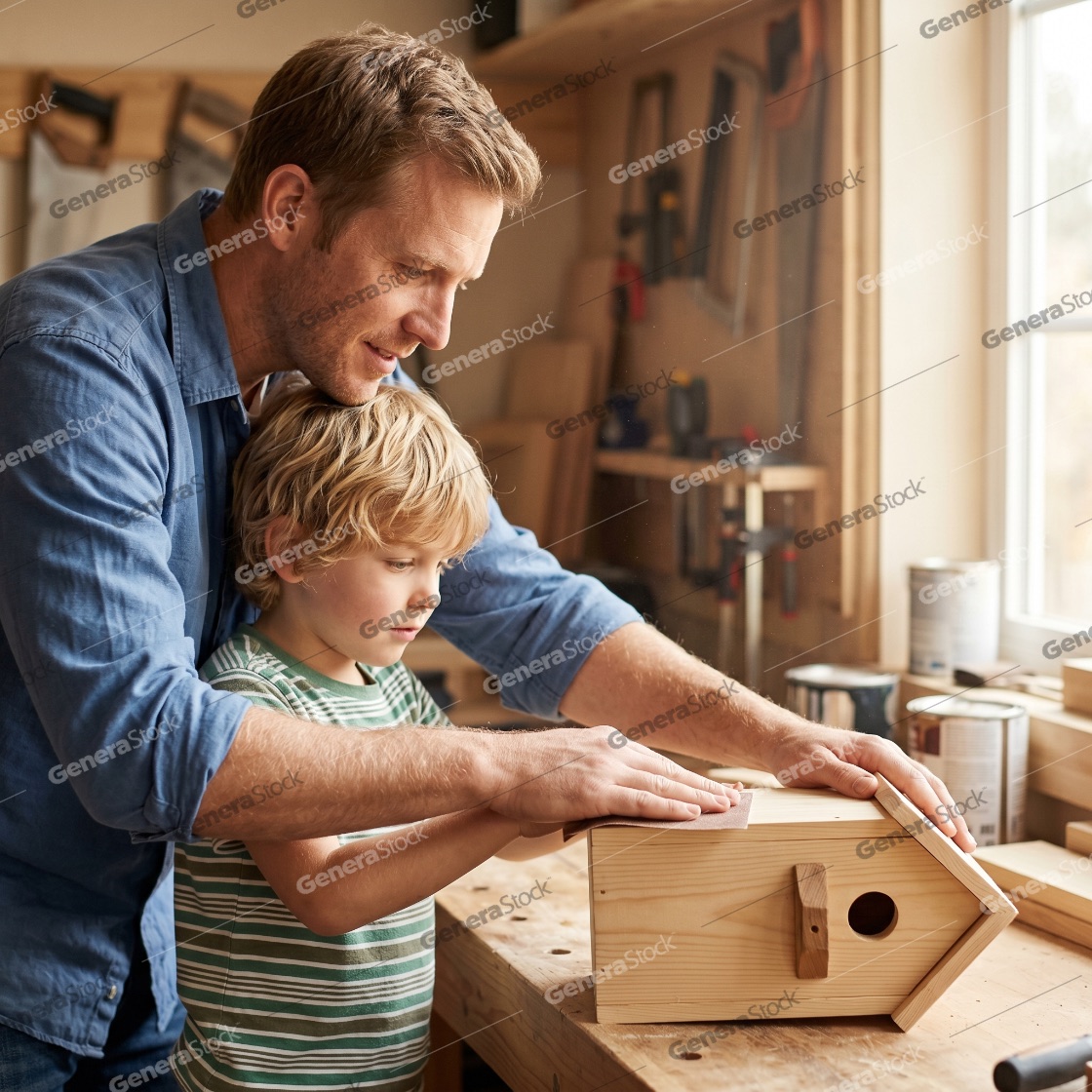 Father and young son working together in a woodworking shop, sanding a handmade wooden birdhouse on a workbench