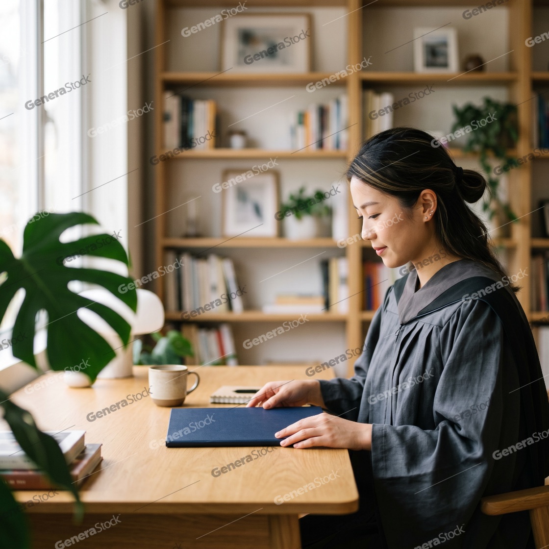 Young East Asian Female Graduate in Academic Gown Sitting at a Desk in a Home Library Holding a Diploma Cover