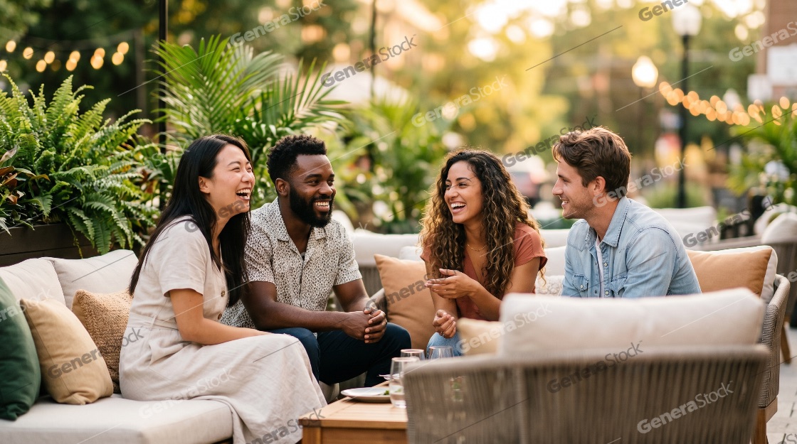 Happy multi-ethnic friends laughing and socializing at an outdoor restaurant patio during golden hour